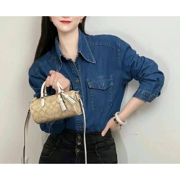 COACH LACEY Top Handle Crossbody Bag Signature Canvas Chalk Khaki Tassel CK689 - Picture 10 of 11